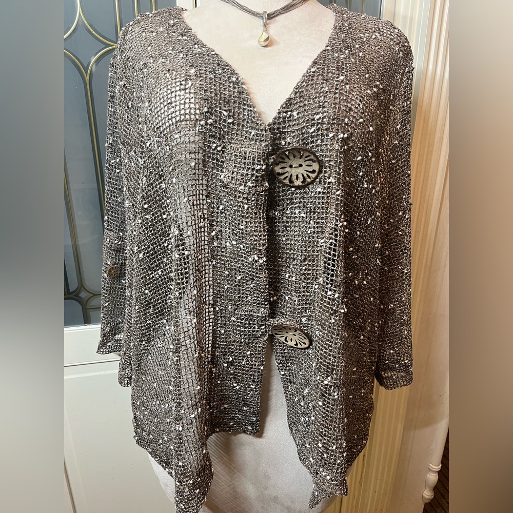 Nina Leonard 3X Lightweight Crochet Cardigan Boho Neutral) Mermaid Vibes